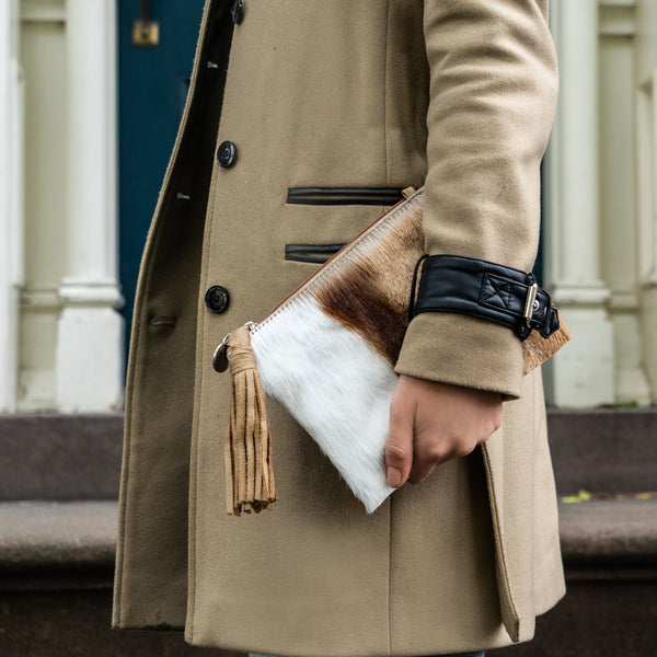 LEATHER CLUTCH BAG MADE WITH CALF HAIR FOR WOMEN | CASUAL to