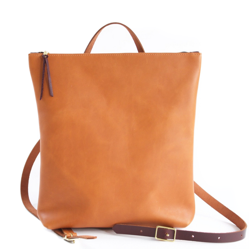 brown leather backpack