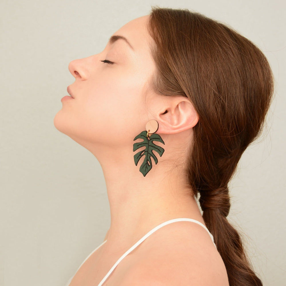 monstera leaf earrings LEATHER MONSTERA LEAF EARRINGS