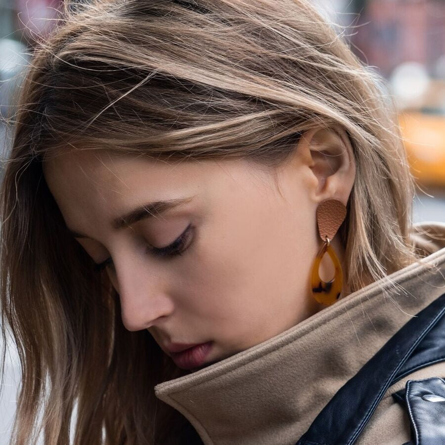 TORTOISE TEARDROP LEATHER EARRINGS - CASUAL to FANCY