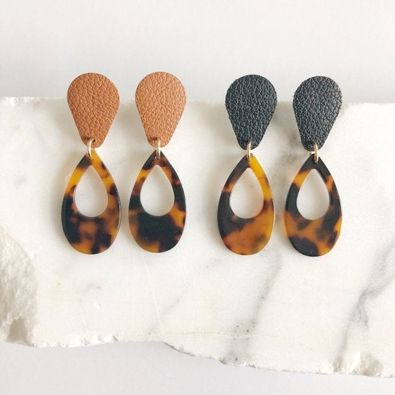 TORTOISE TEARDROP LEATHER EARRINGS - CASUAL to FANCY