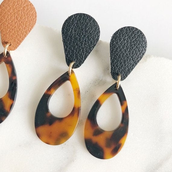TORTOISE TEARDROP LEATHER EARRINGS - CASUAL to FANCY