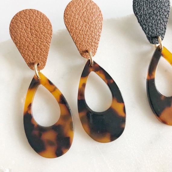 TORTOISE TEARDROP LEATHER EARRINGS - CASUAL to FANCY